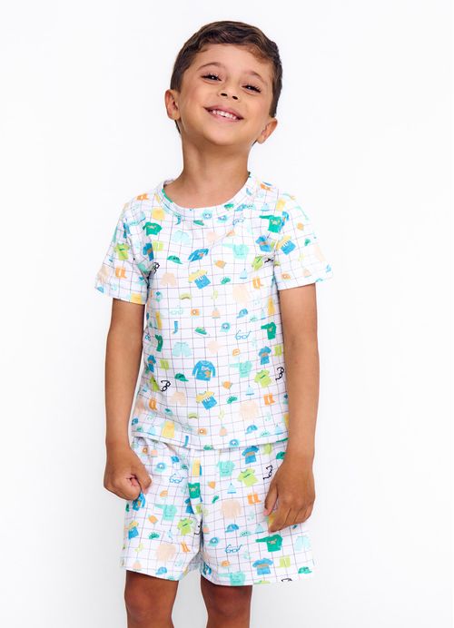 Pijama Infantil Menino Estampa Roupinhas– Tam. 1 a 10 anos  – Branco