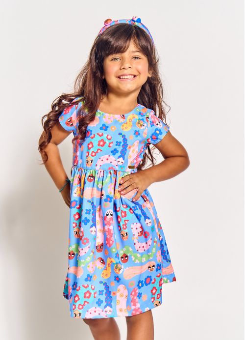 Vestido Infantil Estampa Bonecas e Flores - Tam. 2 a 12 anos – Azul