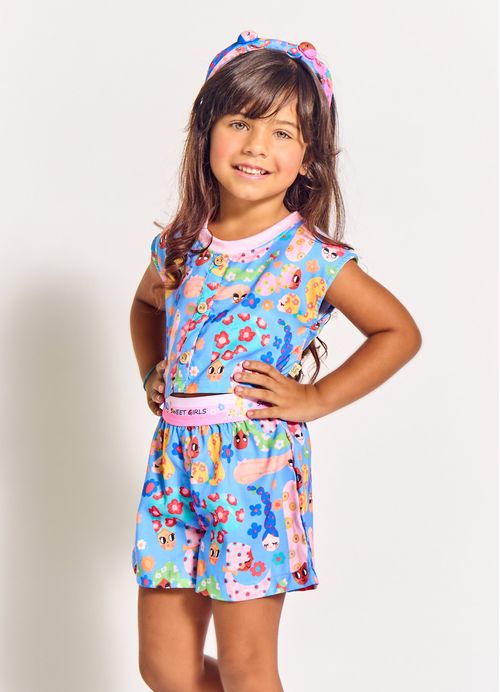 Conjunto Infantil Menina Blusa + Short Estampa Bonecas e Flores - Tam. 2 a 12 anos – Azul