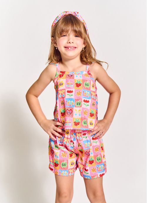 Conjunto Infantil Menina Regata + Short Estampa Piquenique  - Tam. 2 a 12 anos - Rosa