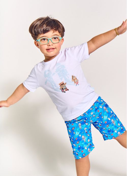 Conjunto Infantil Menino Camiseta + Bermuda Estampa Astronauta - Tam. 2 a 12 anos – Naval e Gelo