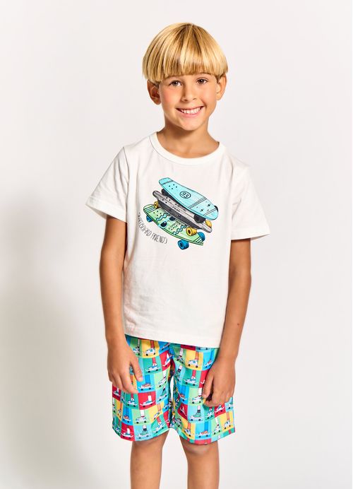 Conjunto Infantil Menino Camiseta + Bermuda Estampa Skate - Tam. 2 a 12 anos – Off White e Azul