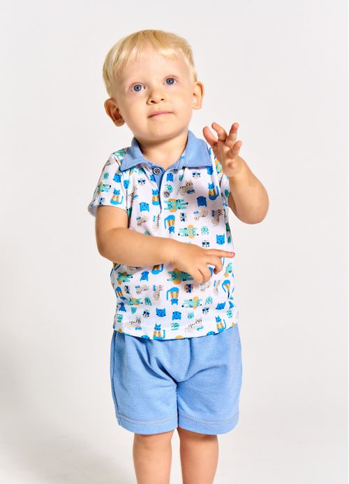 Conjunto Infantil Bebê Menino Polo + Bermuda Estampa É Hora da Diversão - Tam. 3 a 18 meses – Branco e Azul