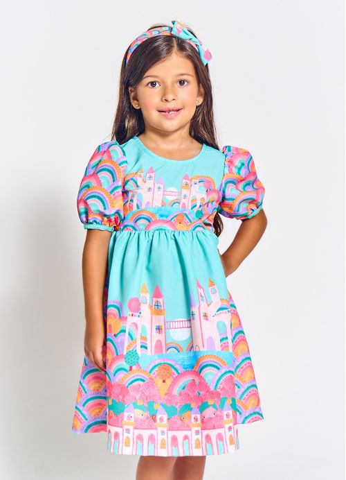 Vestido Infantil Estampa Reino Encantado - Tam. 2 a 12 anos – Esmeralda e Rosa