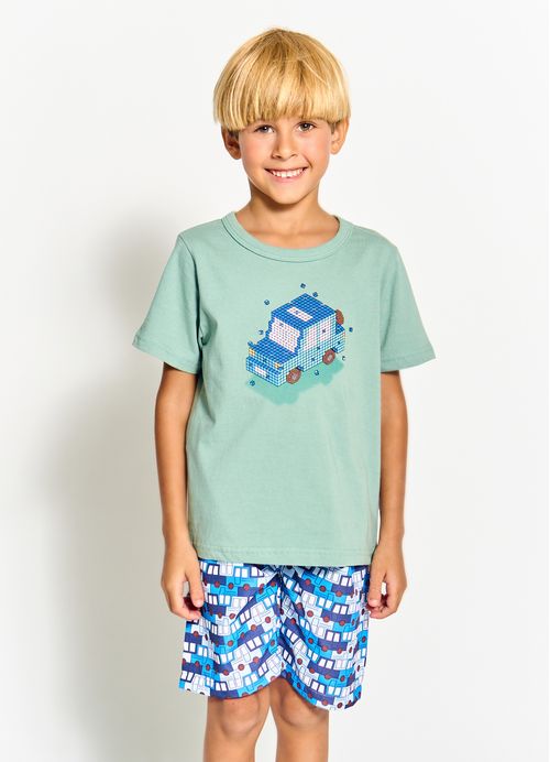 Conjunto Infantil Menino Camiseta + Bermuda Estampa Carros- Tam. 2 a 12 anos – Serrado e Azul