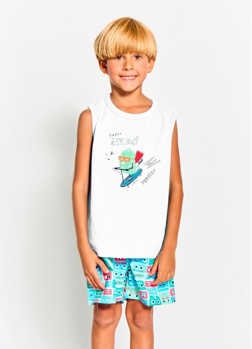 Conjunto Infantil Menino Regata + Short Estampa Hero Monster- Tam. 2 a 12 anos – Branco e Verde