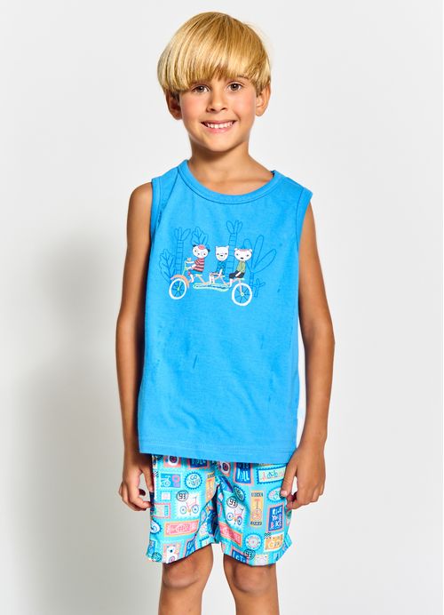 Conjunto Infantil Menino Regata + Short Estampa Bike Bears - Tam. 2 a 12 anos – Indigo e Azul