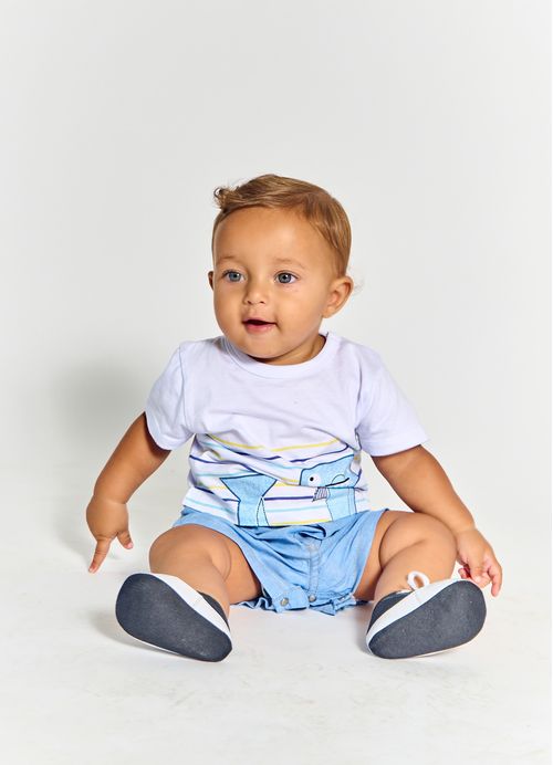 Pimpão Infantil Bebê Menino Estampa Caça ao Tesouro - Tam. 3 a 18 meses - Branco e Azul