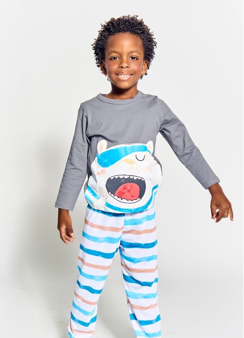 Pijama Infantil Menino Estampa Urso Dorminhoco - Tam. 1 a 10 anos - Branco e Chumbo