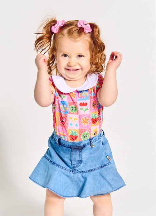 Short Saia Infantil Bebê Menina Estampa Piquenique - Tam. 3 a 18 meses - Jeans