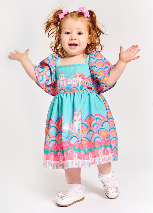 Conjunto Infantil Bebê Menina Vestido + Calcinha Estampa Reino Encantado - Tam. 3 a 18 meses – Esmeralda e Rosa