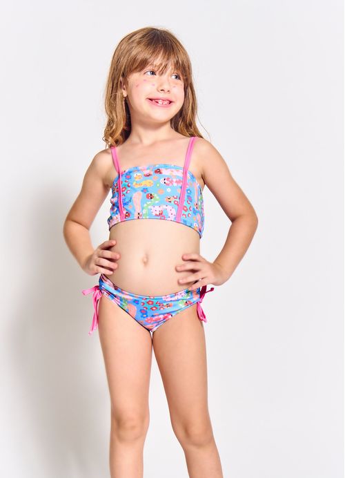 Biquíni Infantil Estampa Bonecas e Flores - Tam. 2 a 12 anos – Azul