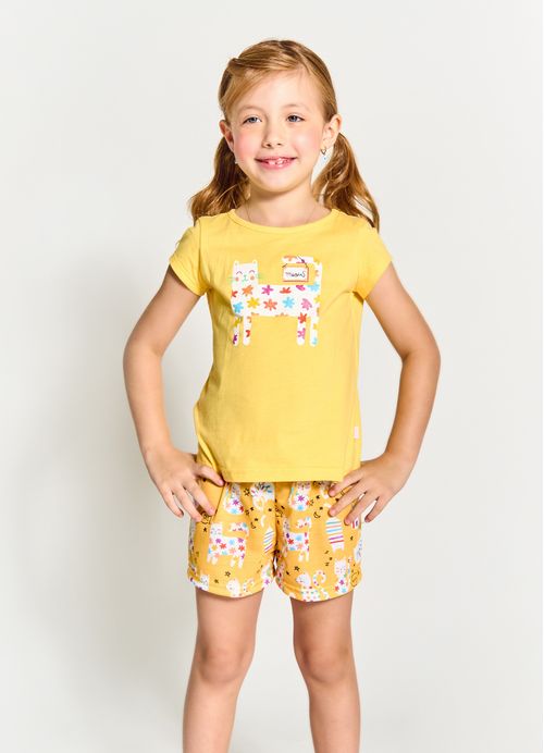 Pijama Infantil Menina Estampa Gatinho Color - Tam. 1 a 10 anos – Amarelo e Branco