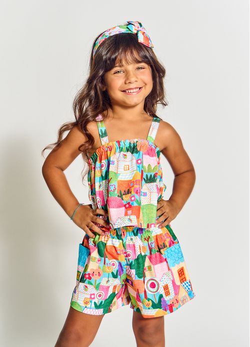 Conjunto Infantil Menina Bata + Short Estampa Casa da Árvore - Tam. 3 a 12 meses – Azul e Laranja