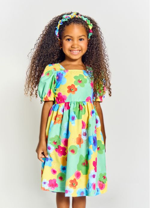 Vestido Infantil Estampa Flores em Listras - Tam. 2 a 12 anos - Amarelo e Verde