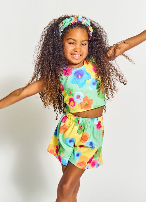 Conjunto Infantil Menina Bata + Short Estampa Flores em Listras - Tam. 2 a 12 anos – Amarelo e Verde