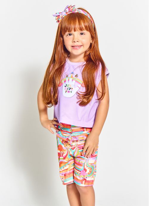 Conjunto Infantil Menina Blusa + Bermuda Estampa Esconde Esconde – Tam. 2 a 12 anos – Roxo e Laranja