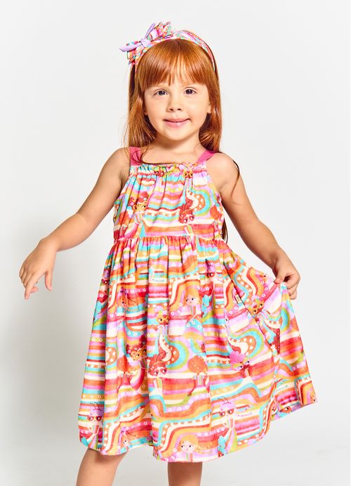 Vestido Infantil Estampa Esconde Esconde – Tam. 2 a 12 anos – Roxo e Laranja