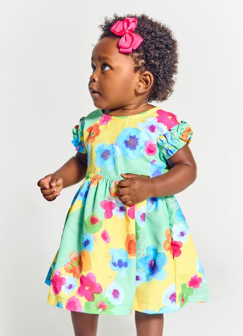 Vestido e Calcinha Infantil Bebê Estampa Flores em Listras - Tam. 3 a 18 meses – Amarelo e Verde