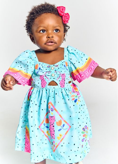 Vestido e Calcinha Infantil Bebê Estampa Oncinha – Tam. 3 a 18 meses – Azul