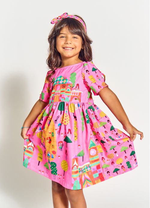 Vestido Infantil Estampa Jantar no Jardim - Tam. 2 a 12 anos - Rosa