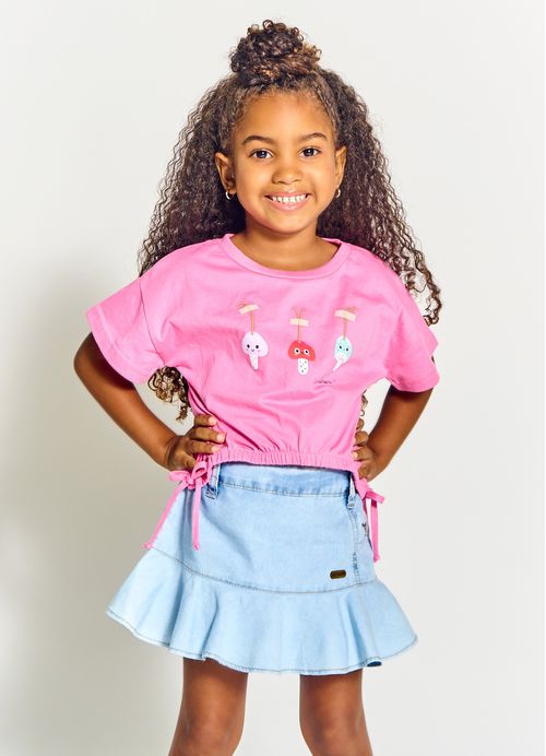 Blusa Infantil Menina Estampa Jantar no Jardim - Tam. 2 a 12 anos - Rosa Forte