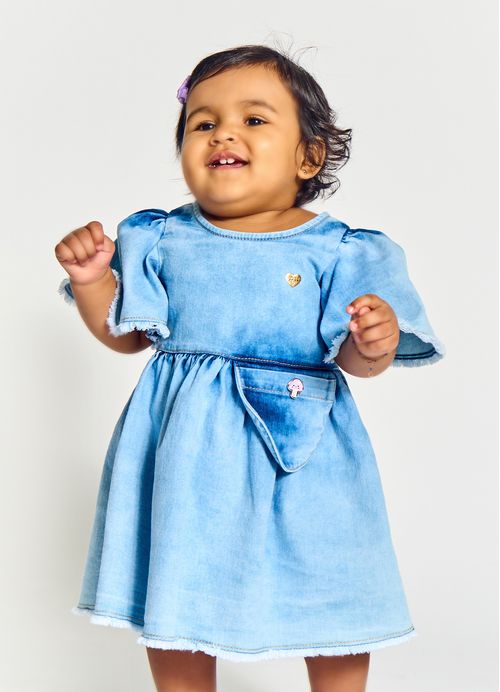 Vestido  Infantil Bebê Estampa Jantar no Jardim – Tam. 3 a 18 meses– Jeans