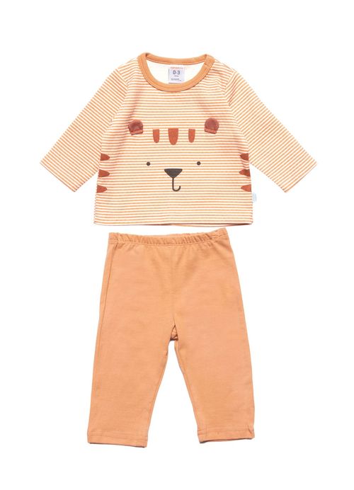 Conjunto Infantil Bebê Menino Casaco + Calça Estampa Meu Amigo Felino – Tam. 0 a 3 meses – Off White e Noz Moscada