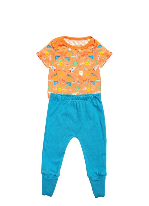 Conjunto Infantil Bebê Menino Body + Calça Estampa Pequeno Construtor – Tam. 0 a 3 meses – Laranja e Azul