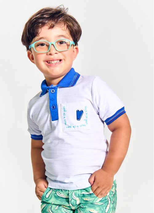 Polo Infantil Menino Estampa Dilo, o Crocodilo – Tam. 2 a 12 anos – Branco