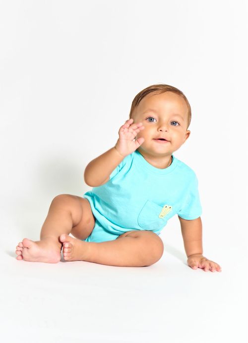 Body Infantil Menino Estampa Dilo, o Crocodilo – Tam. 3 a 18 meses – Azul Céu e Vermelho