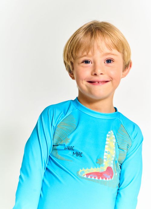 Blusa UV Infantil Menino Estampa Dilo, o Crocodilo – Tam. 6 meses a 12 anos – Azul Ceruleo