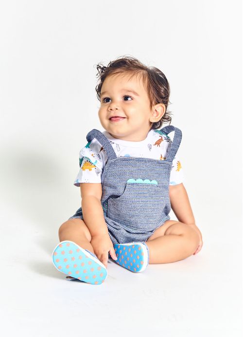 Pimpão Infantil Bebê Menino Estampa Pequeno Dino - Tam. 3 a 18 meses - Branco e Marinho