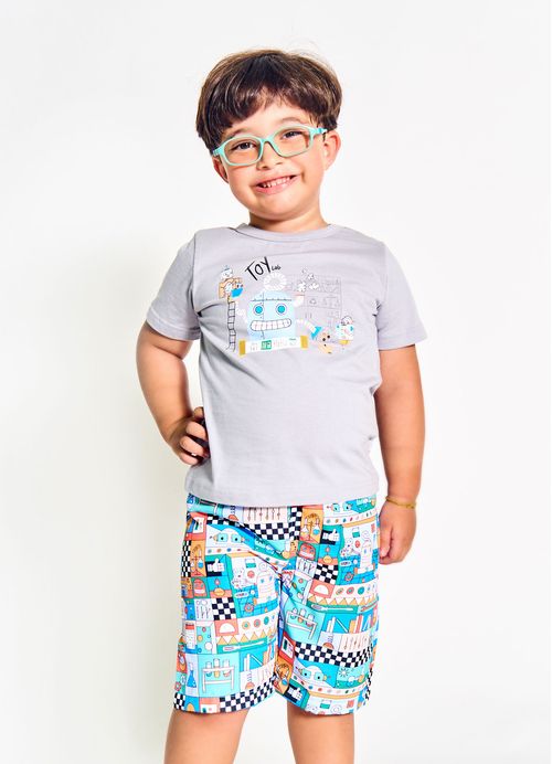 Conjunto Infantil Menino Camiseta + Bermuda Estampa Robozinho – Tam. 2 a 12 anos – Cinza, Azul e Laranja