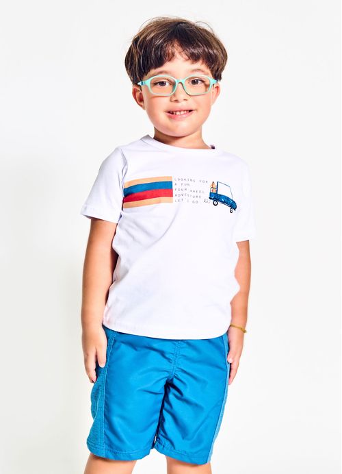 Conjunto Infantil Menino Camiseta + Bermuda Estampa Adventure – Tam. 2 a 12 anos – Branco e Petróleo