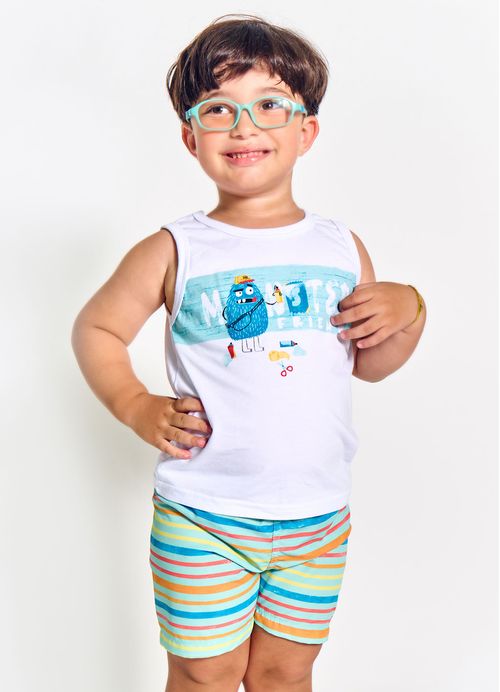 Conjunto Infantil Menino Regata + Short Estampa Monster – Tam. 2 a 12 anos – Branco e Esmeralda