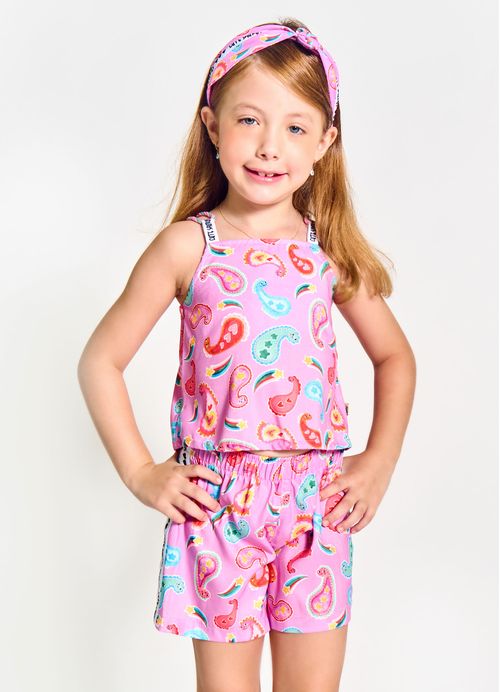 Conjunto Infantil Menina Regata + Short Estampa Colorsaura – Tam. 2 a 12 anos – Roxo