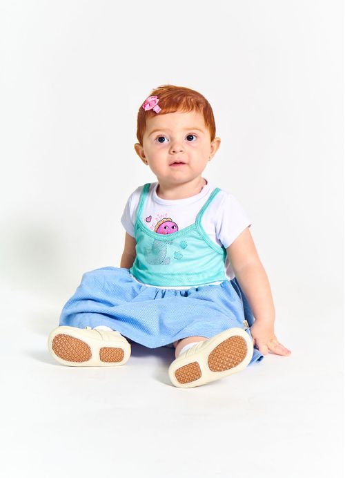 Vestido Infantil Bebê Estampa Colorsaura – Tam. 3 a 18 meses – Branco e Azul