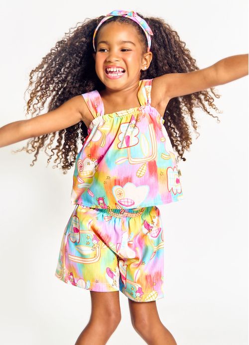 Conjunto Infantil Menina Regata + Short Estampa Caça Estrelinhas – Tam. 2 a 12 anos – Amarelo e Rosa