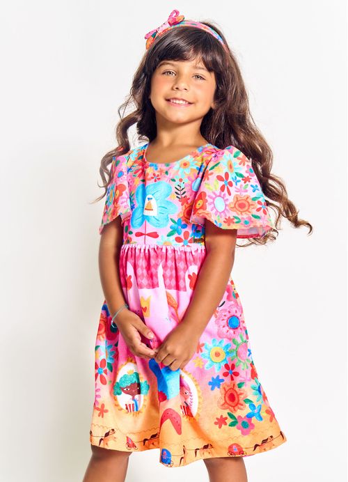 Vestido Infantil Estampa Reino da Princesa Pipoca – Tam. 2 a 12 anos – Rosa