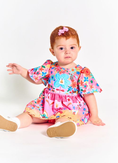 Vestido e Calcinha Infantil Bebê Estampa Reino da Princesa Pipoca - Tam. 3 a 18 meses - Rosa