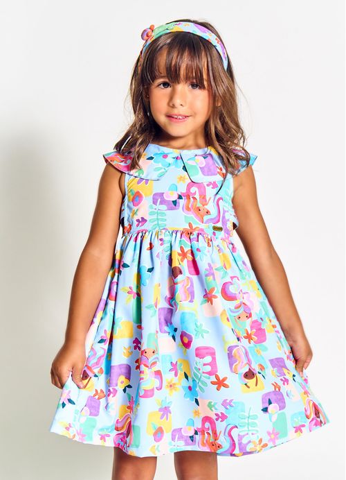 Vestido Infantil Estampa Mar de Flores – Tam. 2 a 12 anos – Azul