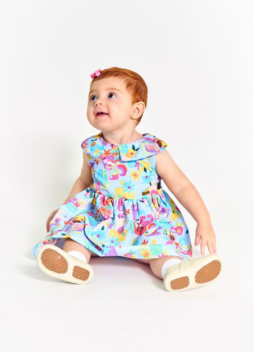 Vestido e Calcinha  Infantil Bebê Vestido + Calcinha Estampa Mar de Flores – Tam. 3 a 18 meses – Azul