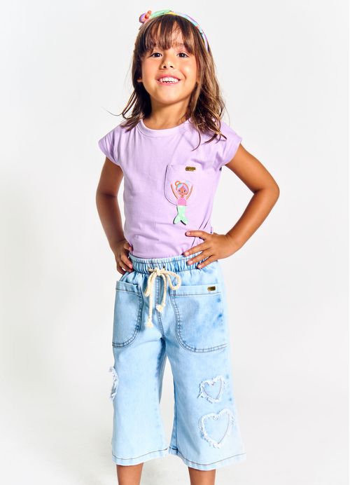 Pantacourt Infantil Menina Estampa Mar de Flores – Tam. 2 a 12 anos – Jeans