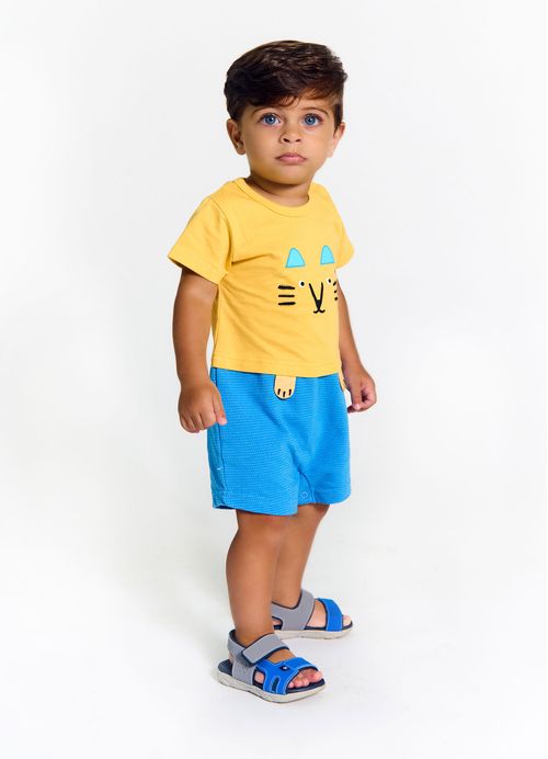 Pimpão Infantil Bebê Menino Estampa Wild Cats – Tam. 3 a 18 meses – Mostarda e Azul