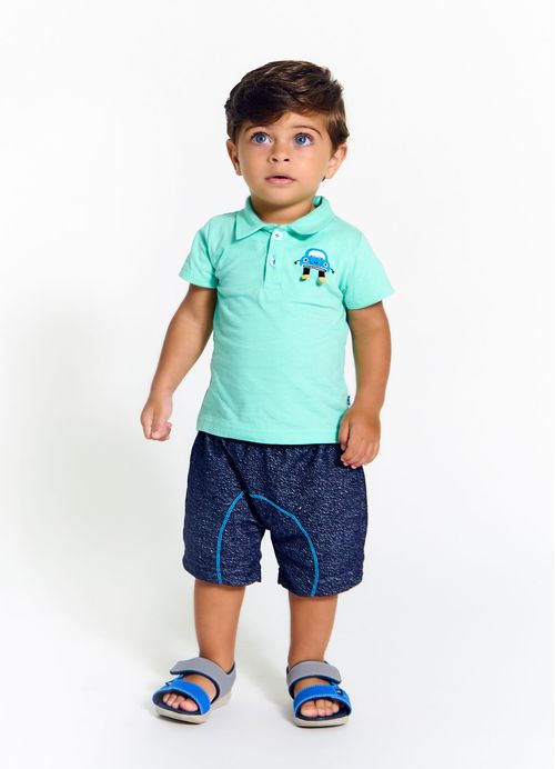 Conjunto Infantil Bebê Menino Polo + Bermuda Estampa Fusquinha – Tam. 3 a 18 meses – Esmeralda e Marinho