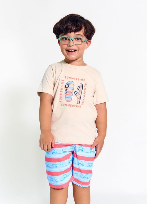 Conjunto Infantil Menino Camiseta + Bermuda Estampa Summer Time – Tam. 2 a 12 anos – Cru e Azul