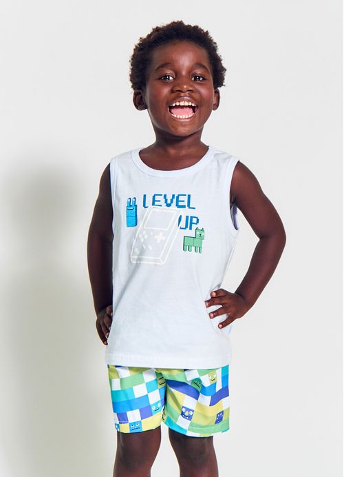 Conjunto Infantil Menino Regata + Bermuda Estampa Level Up  – Tam. 2 a 12 anos – Branco e Verde