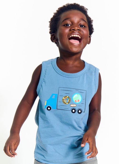 Regata Infantil Menino Estampa Carros – Tam. 2 a 12 anos – Azul Denim e Gelo