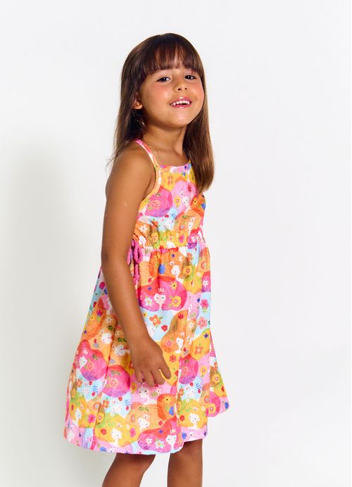 Vestido Infantil Estampa Flores do Meu Reino - Tam. 2 a 12 anos – Rosa e Laranja